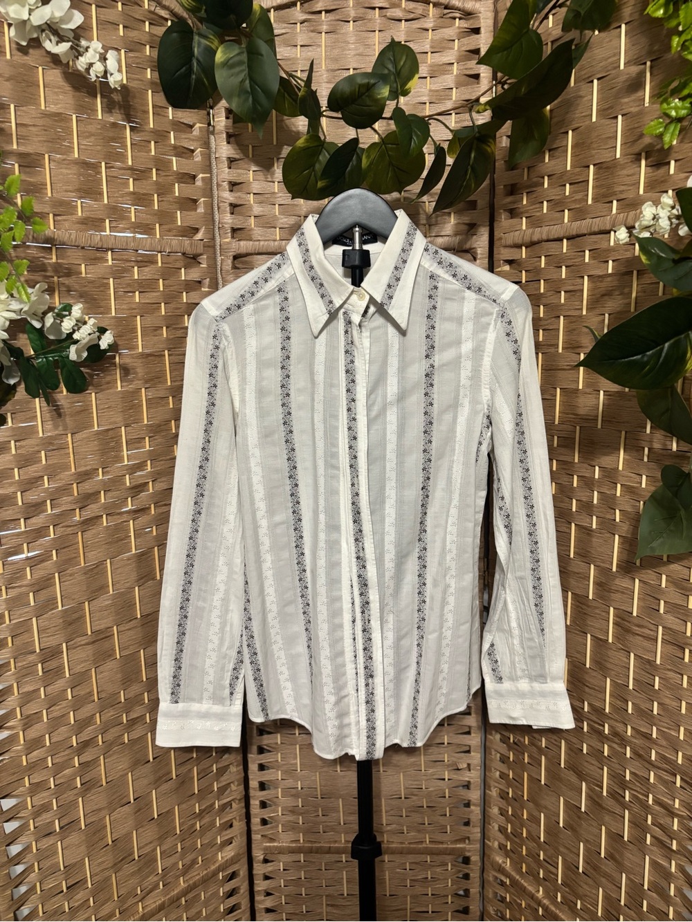 Vintage Dolce & Gabbana White and Gray Vertical Stripe Button-Down Blouse